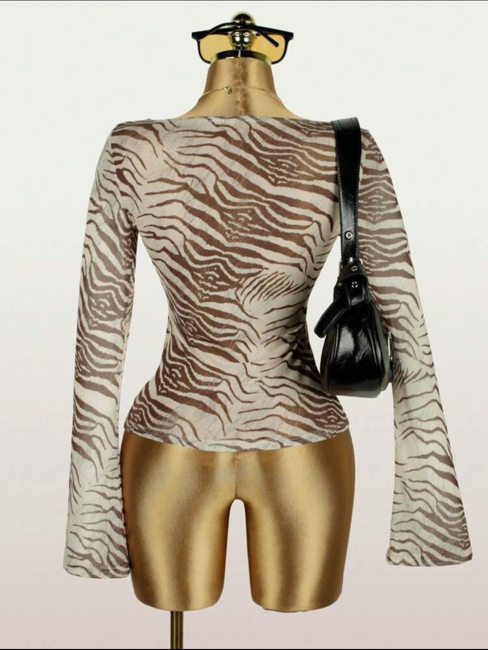 Sheer Tiger-Print Y2K Mesh Stretchy Long-Sleeve Top - Taupe/Beige - Picture 7 of 10